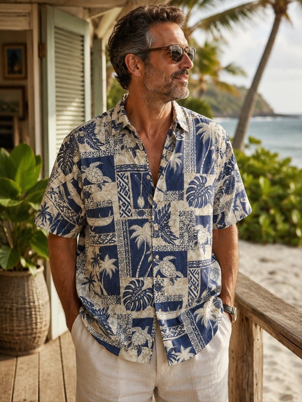 Vintage Made in Hawaii Aloha Shirt L Blue Scenic Turtle Canoe Camp Shirt Coastal
